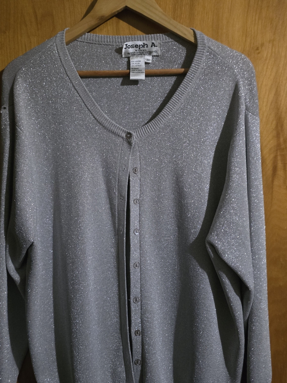 Joseph A. Women's Silver/Gra Rib-Knit Silk Metallic V-Neck Cardigan Sweater 90's